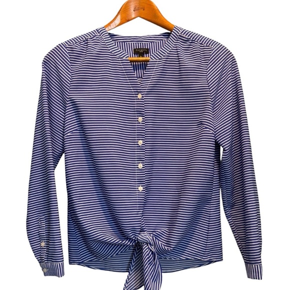 Talbots Blue & White Striped Blouse Size Small P Long Sleeve V Neck Tie Front - Picture 7 of 8